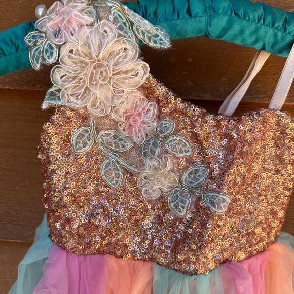 Sequin Dance Costume With Floral Applique & Multicolor Chiffon Skirt Girls Inter - Picture 6 of 10